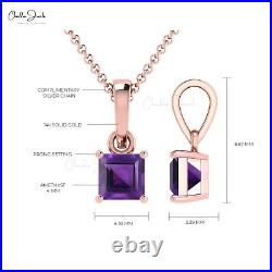 0.35 CT Square Cut Natural Amethyst Solitaire Pendant Prong Set in 14k Pure Gold