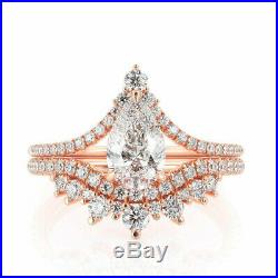 1.50 Carat Pear Cut Diamond Crown Bridal Engagement Ring Set 10K Rose Pure Gold
