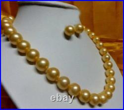 10-11MM PERFECT NATURAL SOUTH SEA GOLDEN PEARL NECKLACE EARRING SET 14Kp 18in
