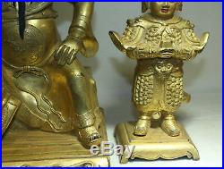 10 Tibet Pure Bronze 24K Gold Guan Yu Guan Ping Zhou Cang 3 Mammon Statue Set