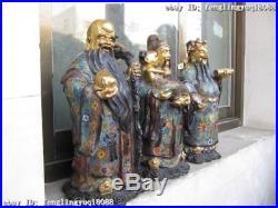 100% Pure Bronze 24K Gold Gild cloisonne 3 Longevity God Fukurokuju Buddha Set