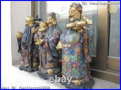 100% Pure Bronze 24K Gold Gild cloisonne 3 Longevity God Fukurokuju Buddha Set