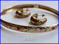 10K Solid Gold Floral Relief Enamel Earrings and Bangle Set- 4.87 Grams