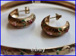 10K Solid Gold Floral Relief Enamel Earrings and Bangle Set- 4.87 Grams