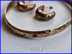 10K Solid Gold Floral Relief Enamel Earrings and Bangle Set- 4.87 Grams