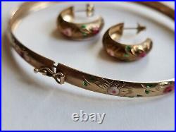 10K Solid Gold Floral Relief Enamel Earrings and Bangle Set- 4.87 Grams