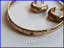 10K Solid Gold Floral Relief Enamel Earrings and Bangle Set- 4.87 Grams