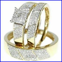 10K Yellow REAL Pure Gold Round Real Diamond His Her Wedding Band Trio Ring Set