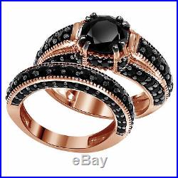 10k REAL Rose Pure Gold Black Diamond Engagement Wedding Bridal Ring Band Set