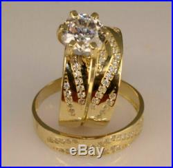 10k Real Yellow Pure Gold Round Cut Diamond Trio Bridal Band Engagement Ring Set