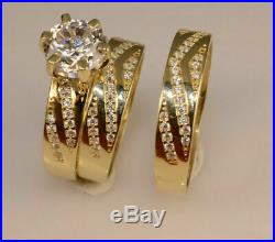 10k Real Yellow Pure Gold Round Cut Diamond Trio Bridal Band Engagement Ring Set