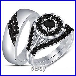 10k White Gold Plated Pure 925 Silver Black Diamond Men's Women's Trio Ring Set