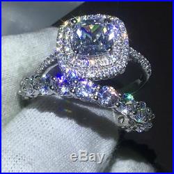 10k White Pure Gold Cushion Cut Diamond Women's Bridal Band Engagement Ring Set