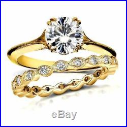 10k Yellow Solid Pure Gold Round White Diamond Wedding Band Set Engagement Ring