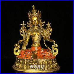 11.2 China Pure copper set Gem Cloisonne Pinching silk Green Tara Buddha statue