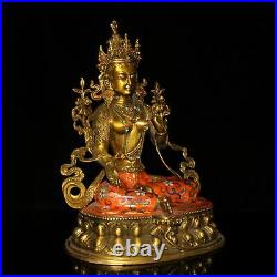 11.2 China Pure copper set Gem Cloisonne Pinching silk Green Tara Buddha statue
