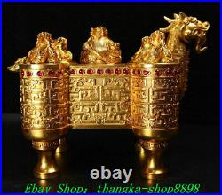 11Old China Pure Bronze Gold inlay Gem Fengshui Dragon Beast Seal Stamp Set