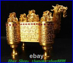 11Old China Pure Bronze Gold inlay Gem Fengshui Dragon Beast Seal Stamp Set