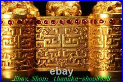 11Old China Pure Bronze Gold inlay Gem Fengshui Dragon Beast Seal Stamp Set