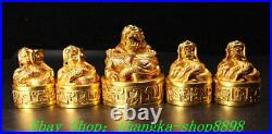 11Old China Pure Bronze Gold inlay Gem Fengshui Dragon Beast Seal Stamp Set