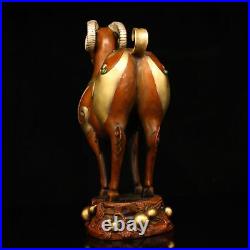 13.2 One ancient China Pure copper gilt silver set gemstone sheep statue