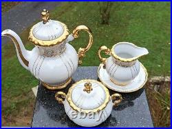 14 Piece Pure White Fine Porcelain withOrnate 24K Gold Gilt Set Tea Service for 5