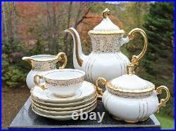 14 Piece Pure White Fine Porcelain withOrnate 24K Gold Gilt Set Tea Service for 5