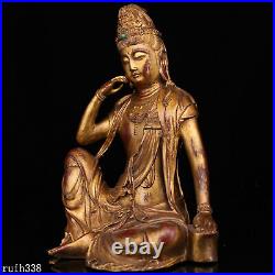 14 Tibet Pure copper lacquer gold set gemstone guanyin bodhisattva statue