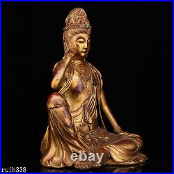 14 Tibet Pure copper lacquer gold set gemstone guanyin bodhisattva statue