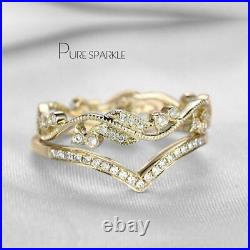 14K Gold 0.45 Ct. Diamond Chevron And Leaf Design Two Stacking Ring Set
