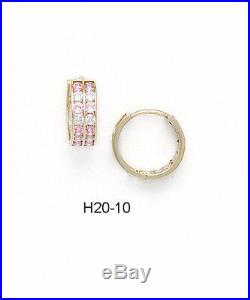 14K Pure Solid Yellow Gold Huggie Earrings Set Pink Tourmaline October Birthston