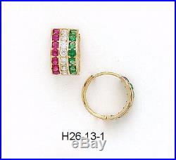 14K Pure Solid Yellow Gold Huggie Earrings Set Ruby July/Emerald May Birthstone