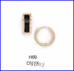 14K Pure Solid Yellow Gold Huggie Earrings Set with Black Onyx