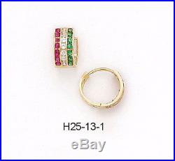 14K Pure Solid Yellow Gold Huggie Earrings Set with Cubic Zirconia/Ruby July/Eme