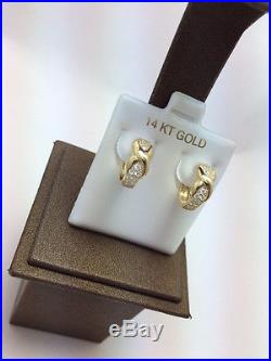 14K Pure Solid YellowithWhite Gold Huggie Earrings Set with Cubic Zirconia
