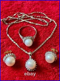 14K SOLID WHITE GOLD PEARL DIAMOND 16 NECKLACE EARRINGS RING 7 SET Italy MT