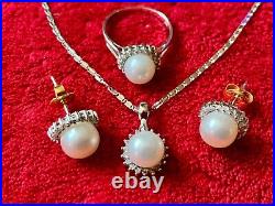 14K SOLID WHITE GOLD PEARL DIAMOND 16 NECKLACE EARRINGS RING 7 SET Italy MT