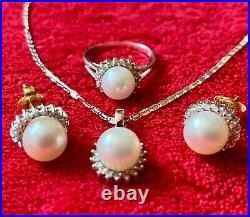 14K SOLID WHITE GOLD PEARL DIAMOND 16 NECKLACE EARRINGS RING 7 SET Italy MT