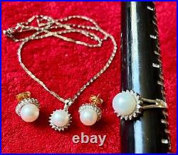 14K SOLID WHITE GOLD PEARL DIAMOND 16 NECKLACE EARRINGS RING 7 SET Italy MT