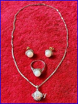 14K SOLID WHITE GOLD PEARL DIAMOND 16 NECKLACE EARRINGS RING 7 SET Italy MT