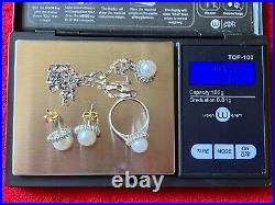 14K SOLID WHITE GOLD PEARL DIAMOND 16 NECKLACE EARRINGS RING 7 SET Italy MT