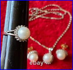 14K SOLID WHITE GOLD PEARL DIAMOND 16 NECKLACE EARRINGS RING 7 SET Italy MT