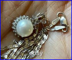 14K SOLID WHITE GOLD PEARL DIAMOND 16 NECKLACE EARRINGS RING 7 SET Italy MT