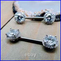 14K White Gold Over Nipple Ring Piercing Jewelry Set Prong Set Round Diamond 14g