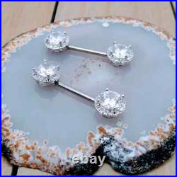 14K White Gold Over Nipple Ring Piercing Jewelry Set Prong Set Round Diamond 14g