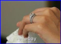 14K White Gold Over Vintage Perfect Art Deco Bridal Set Wedding Ring 2Ct Diamond