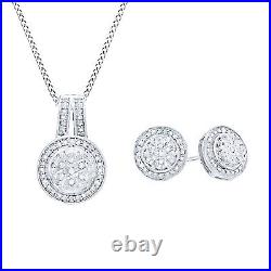 14K White Gold Plated Silver Diamond Accent Frame Pendant and Stud Earrings Set