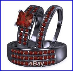 14k Black Gold Finish Red Garnet Women's & Men's Trio Ring Set Pure 925 Silver