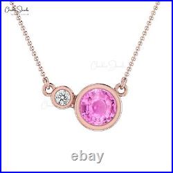 14k Pure Gold 5mm Round Pink Sapphire & Diamond Bezel Set Charm Necklace For Her