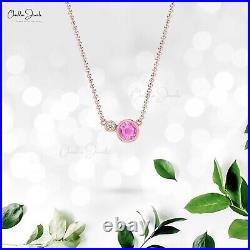 14k Pure Gold 5mm Round Pink Sapphire & Diamond Bezel Set Charm Necklace For Her